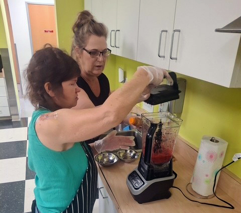 Staff member in the kitchen with a person served, helping her learn how to use a blender.